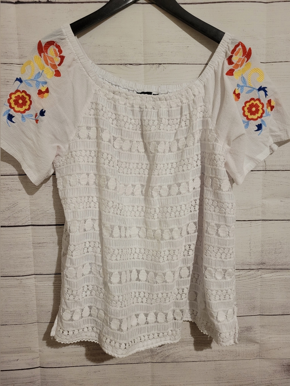 Rafaella women's white pebble lace knit embroidered short-sleeve boho top XL